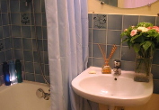 The bathroom has a small tub and wall-mounted shower